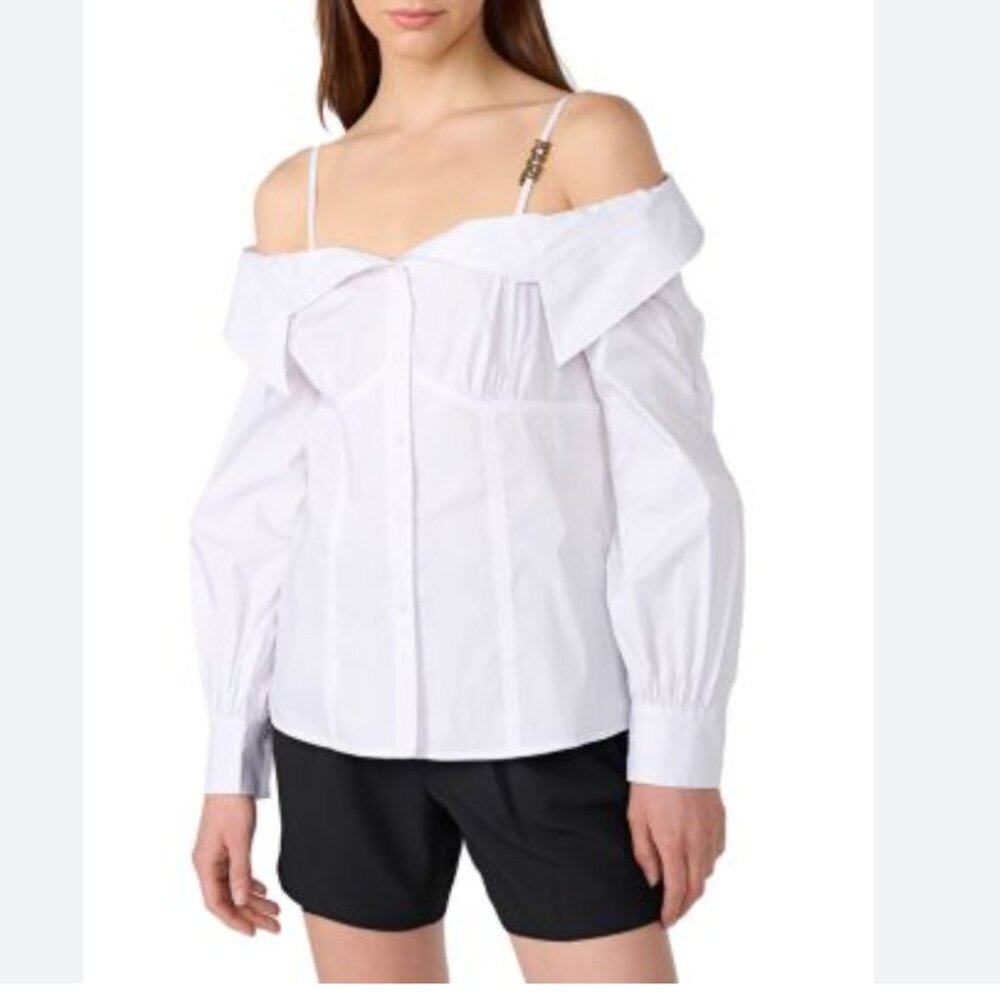 KARL LAGERFELD PARIS Cold Shoulder Logo Strap Blouse